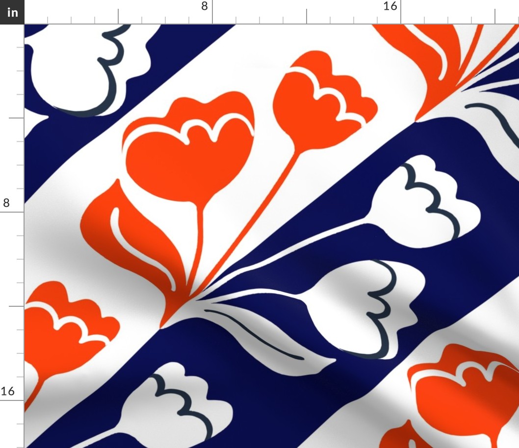 Dutch Tulip Silhouette Big 70’s Red White And Blue Diagonal Stripe Retro Modern July 4th Independence Day Summer Beach Palm Springs Pool Floral Garden Bouquet Repeat Pattern 