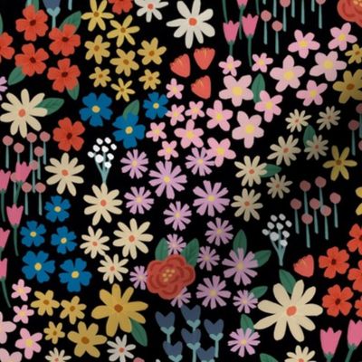 Midnight Blossom: Striking Florals on Black - Bold Fabric Design