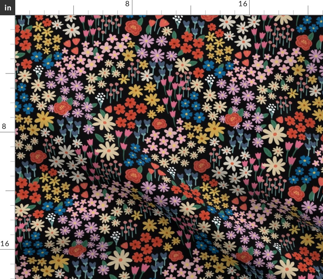 Midnight Blossom: Striking Florals on Black - Bold Fabric Design