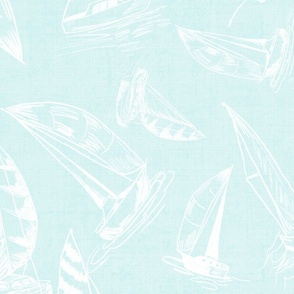 Sailboat Sketches on Pale Mist Linen Texture Background, Medium Scale Design 