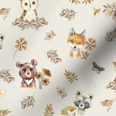 Woodland Animals – Baby Nursery Fabric- earth tone style B, SMALLER scale