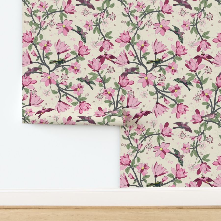 Harmony in Bloom - Jumbo Scale - Magnolia Flowers with Colourful Birds in Trees 