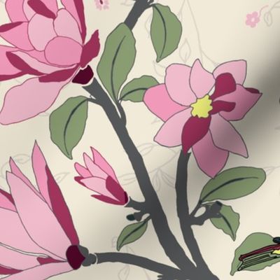 Harmony in Bloom - Jumbo Scale - Magnolia Flowers with Colourful Birds in Trees 