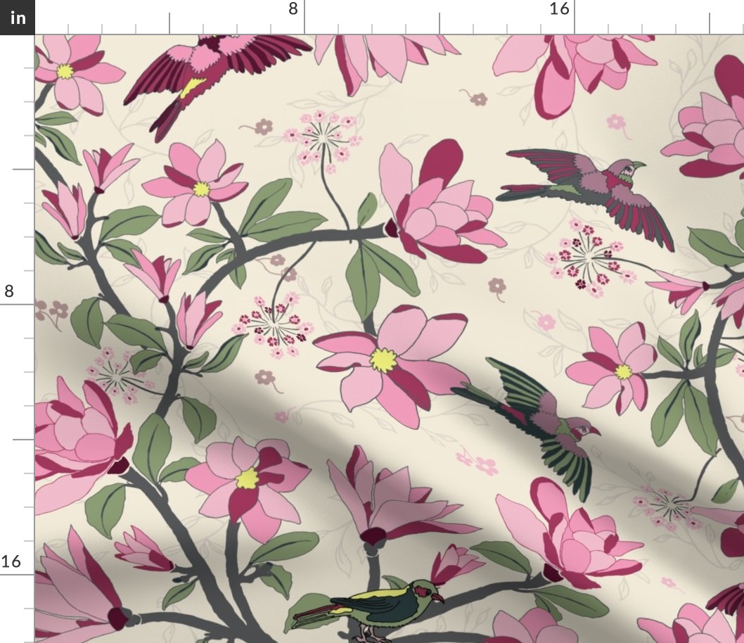 Harmony in Bloom - Jumbo Scale - Magnolia Flowers with Colourful Birds in Trees 