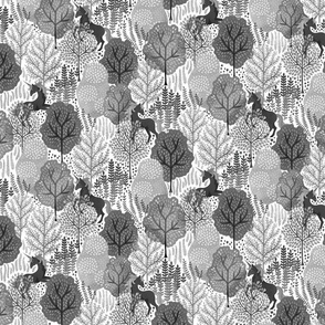 Hidden unicorn woods black and grey on a white background small