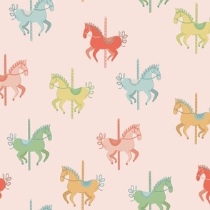 Multi Color Vintage Circus Carousel Horses on Pink Background.