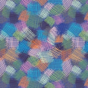 6” repeat Blue nova faux burlap background with crosshatching in deep purple light green, turquoise. Oranges and pinks
