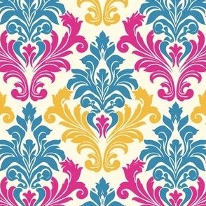 Colorful Pink, Blue, and Yellow Flourish Damask