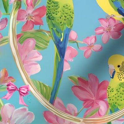 Yellow and green parrots and Azalea flowers on sky blue