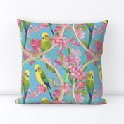 Yellow and green parrots and Azalea flowers on sky blue