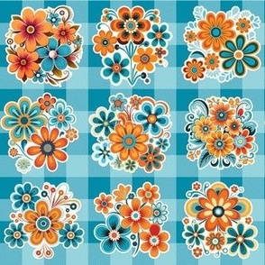 Smaller Retro Flowers Stickers on Turquoise Gingham