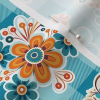 Bigger Retro Flowers Stickers on Turquoise Gingham