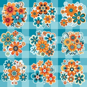 Bigger Retro Flowers Stickers on Turquoise Gingham