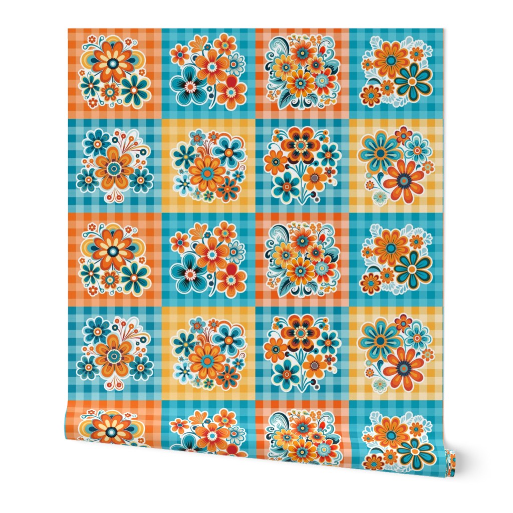Retro Flowers and Gingham Patchwork 6x6 Panels Cheater Quilt Cut and Sew Appliques or Peel and Stick Wallpaper Decals Turquoise Orange Yellow Gold