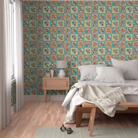 Retro Flowers and Gingham Patchwork 6x6 Panels Cheater Quilt Cut and Sew Appliques or Peel and Stick Wallpaper Decals Turquoise Orange Yellow Gold