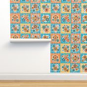 Retro Flowers and Gingham Patchwork 6x6 Panels Cheater Quilt Cut and Sew Appliques or Peel and Stick Wallpaper Decals Turquoise Orange Yellow Gold