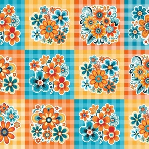 Retro Flowers and Gingham 4x4 Patchwork Panels for Stickers Patches Cheater Quilts Turquoise Orange Yellow Gold