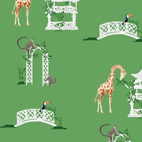 Safari not Sorry | Jade with White Pagodas and Safari Animals - Giraffes, Monkeys and Toucans Grandmillenial Inspired 