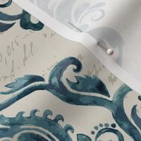 Watercolor Damask Pattern with Script Background in Classic Blue Tones