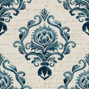 Watercolor Damask Pattern with Script Background in Classic Blue Tones