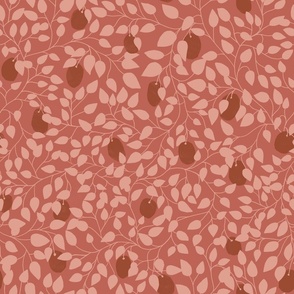red fruit with light pink leaves on rich pink / brick red background