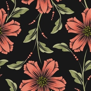 Flower Coral Blooms and Verdant Foliage on a Noir Canvas