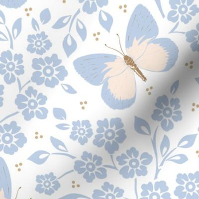 Serene Blue Floral and Butterfly Pattern on Light Background