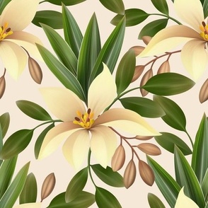 Creamy Yellow Flowers and Green Leaves on a Neutral Background