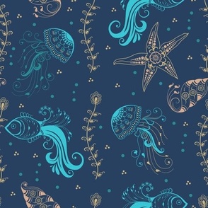 Oceanic Henna-Inspired Pattern with Marine Life on Navy Blue