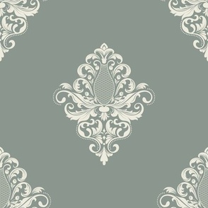Sophisticated White Damask Design on a Slate Gray Background