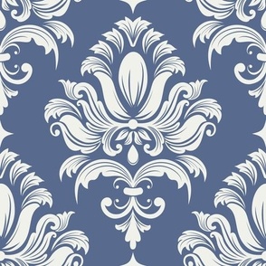 Classic White on Blue Damask Pattern with Ornate Flourishes