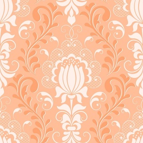 Peachy Coral Damask Design with Delicate White Accents