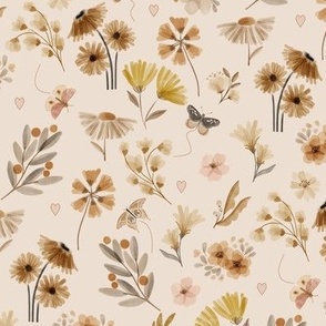 Woodland Floral – neutral flowers, earth tone wildflowers, beige gray cream flower - half scale