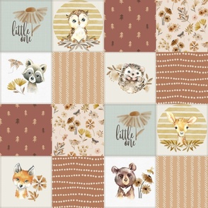 Woodland Animal Tracks Quilt Top – Earth Tone Patchwork Cheater Quilt, Style boho baby B
