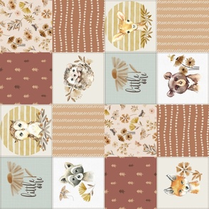 Woodland Animal Tracks Quilt Top – Earth Tone Patchwork Cheater Quilt, Style boho baby B ROTATED