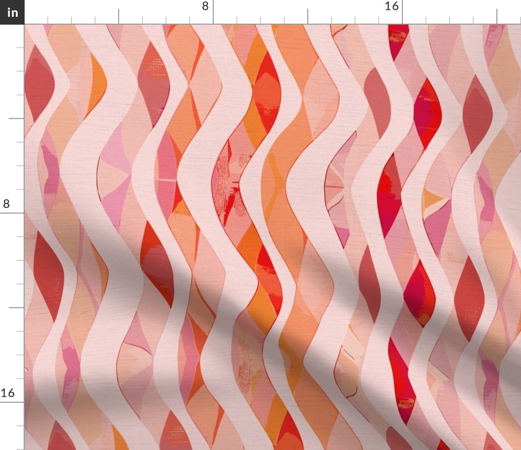 Serenity Strands - stripes, composed of intertwining S-shaped waves  pastel pink on coral / salmon / pink - medium scale