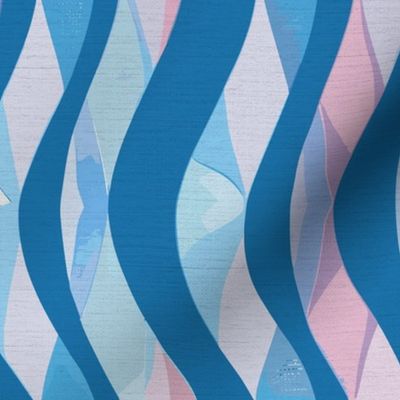 Serenity Strands - stripes, composed of intertwining S-shaped waves pastel baby blue on sky blue - medium scale