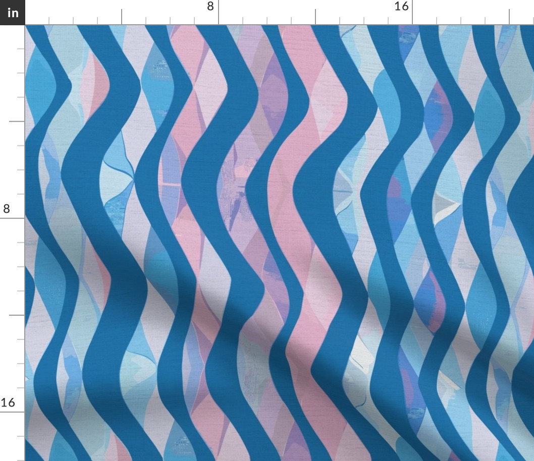 Serenity Strands - stripes, composed of intertwining S-shaped waves pastel baby blue on sky blue - medium scale