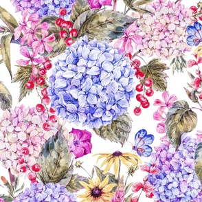 Watercolor Hydrangea  Flowers - L