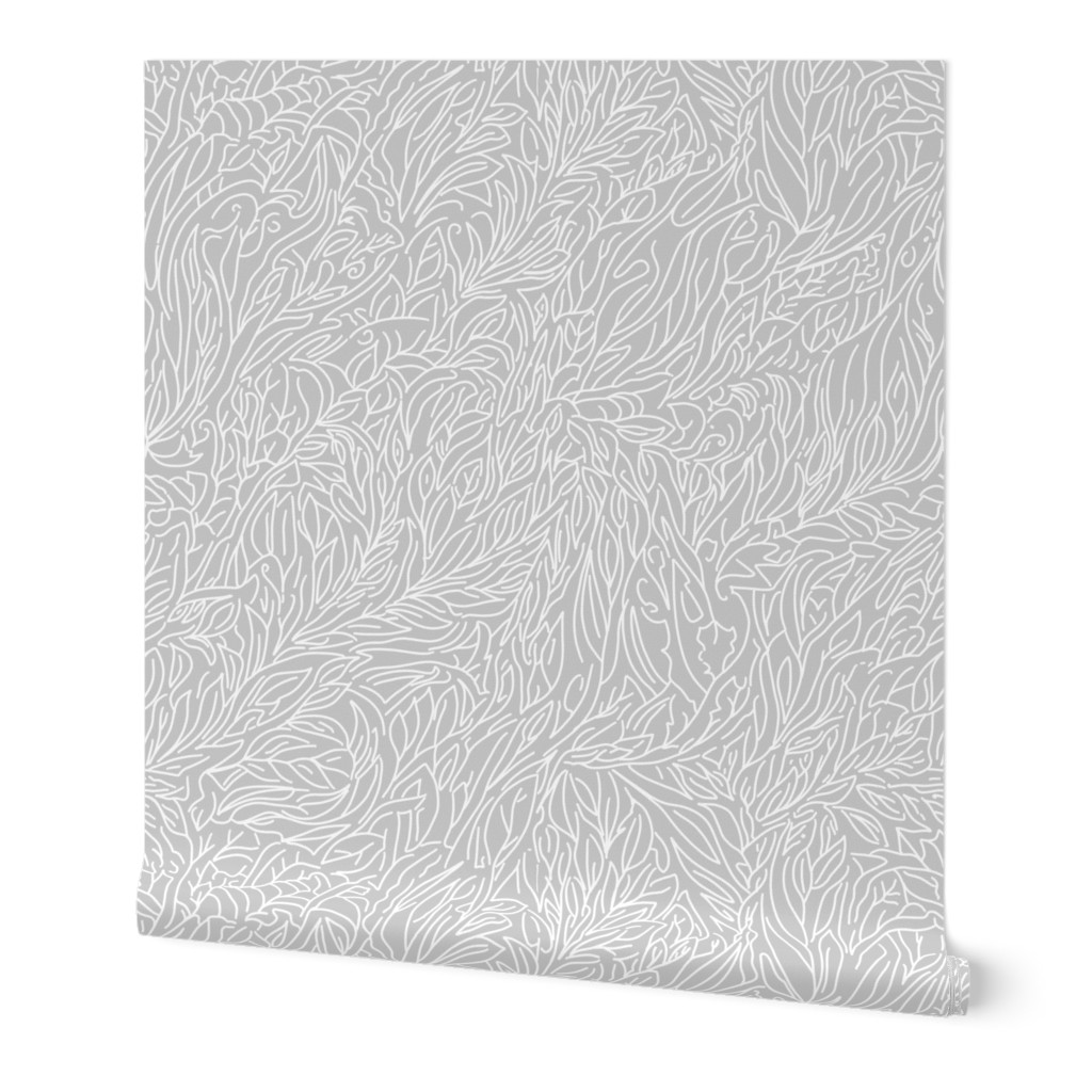 abtract leaves, multiderectional line art silver grey / off white on light grey