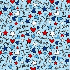 Small Scale God Bless America Land That I Love Red White Blue Hearts and Stars Light Blue