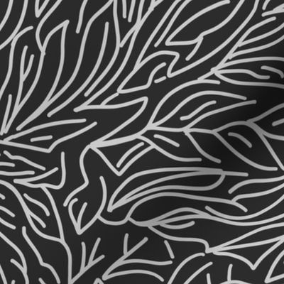 abtract leaves, multiderectional line art silver grey on black onyx