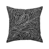abtract leaves, multiderectional line art silver grey on black onyx