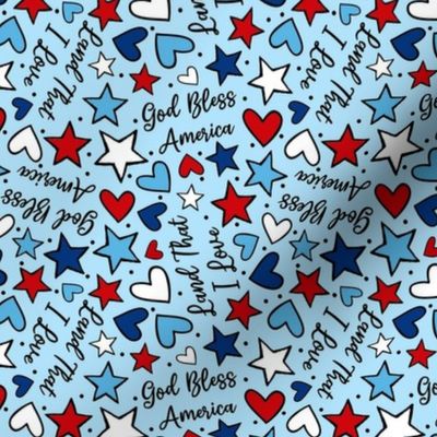 Medium Scale God Bless America Land That I Love Red White Blue Hearts and Stars Light Blue