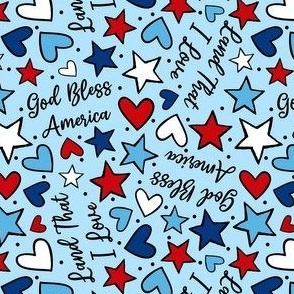 Medium Scale God Bless America Land That I Love Red White Blue Hearts and Stars Light Blue