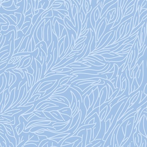 abtract leaves, multiderectional line art  pastel blue on blue