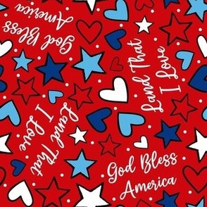 Large Scale God Bless America Land That I Love Red White Blue Hearts and Stars Red