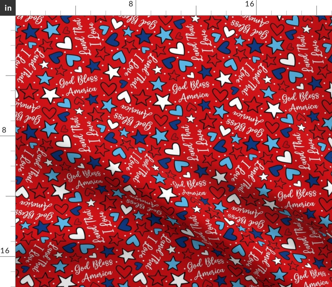Large Scale God Bless America Land That I Love Red White Blue Hearts and Stars Red