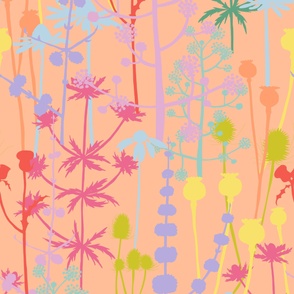 Jumbo - A maximalist floral Spring meadow of bold, colourful, hand drawn silhouettes for the most exciting of wallpapers. Multi-colored fresh and light flowers on a soft peach background.