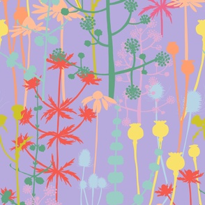 Jumbo - A maximalist floral Spring meadow of bold, colourful, hand drawn silhouettes for the most exciting of wallpapers. Multi-colored fresh and light flowers on a cool lilac purple background.